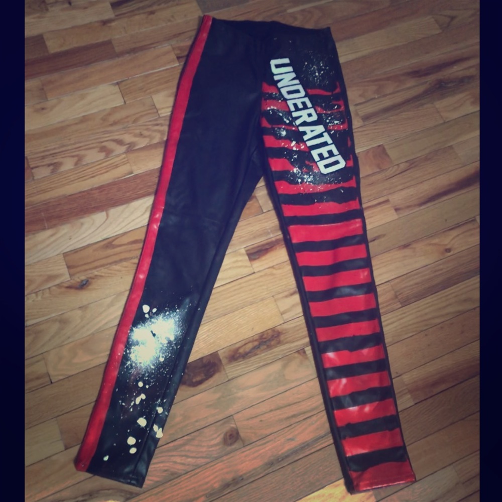 Custom black red and white “Underated” leggings